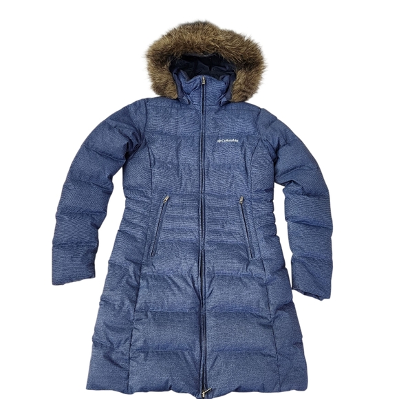 COLUMBIA Blue Faux Fur Hood Down Puffer Long Winter Coat size small - Picture 1 of 13